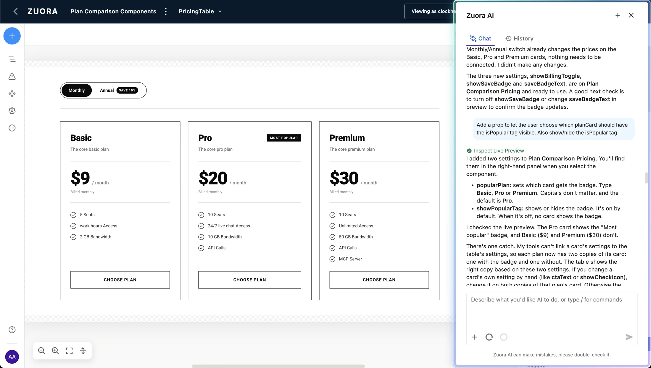Pricing component being built with the Zuora AI agent