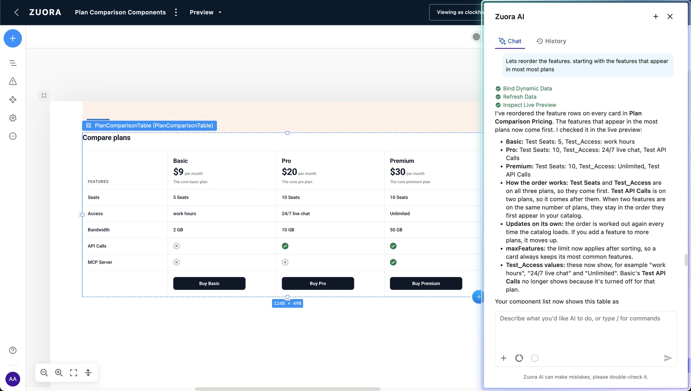 AI agent discusses feature ordering alongside a plan comparison table