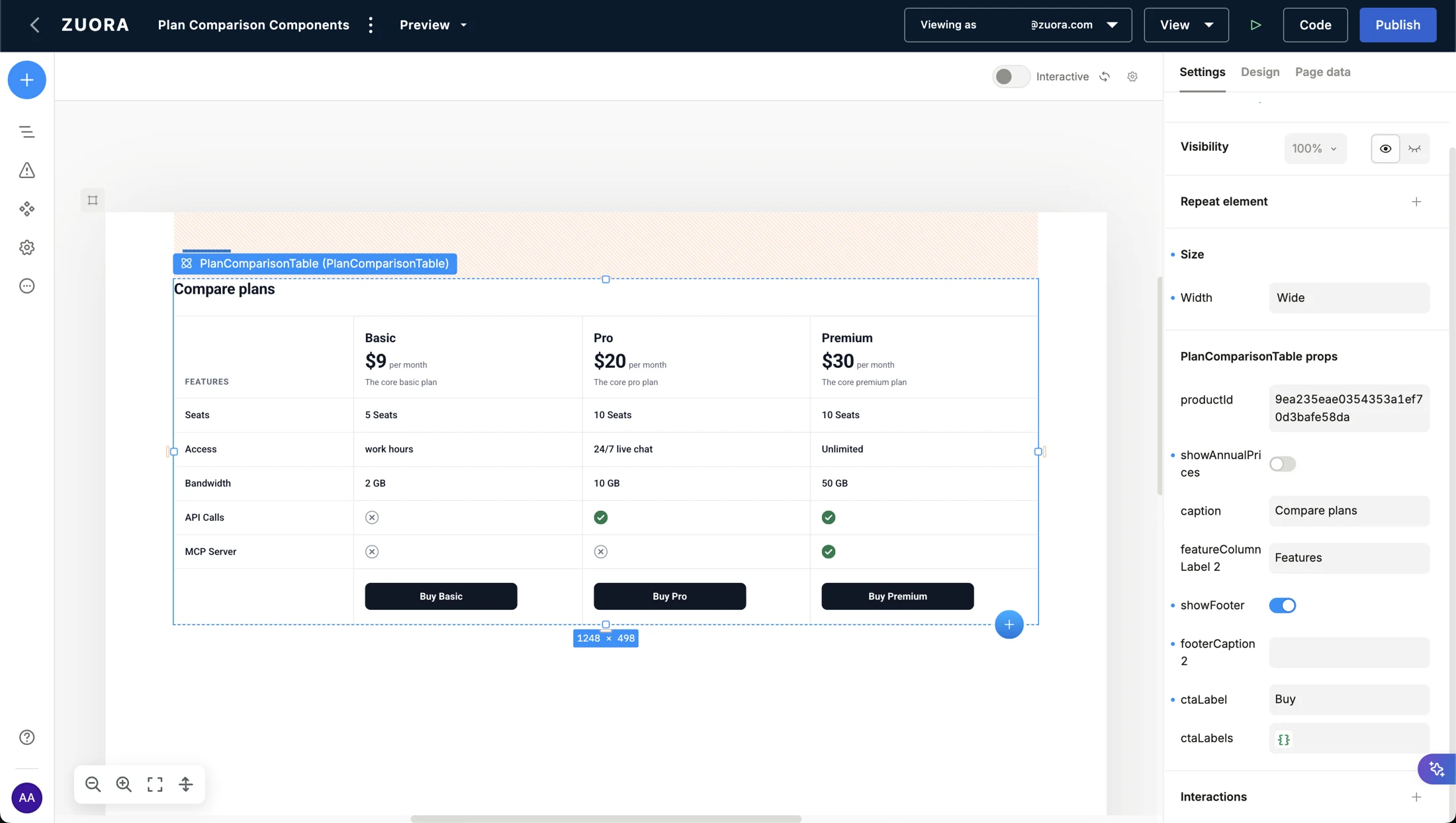 Plan comparison table with feature rows and component settings panel