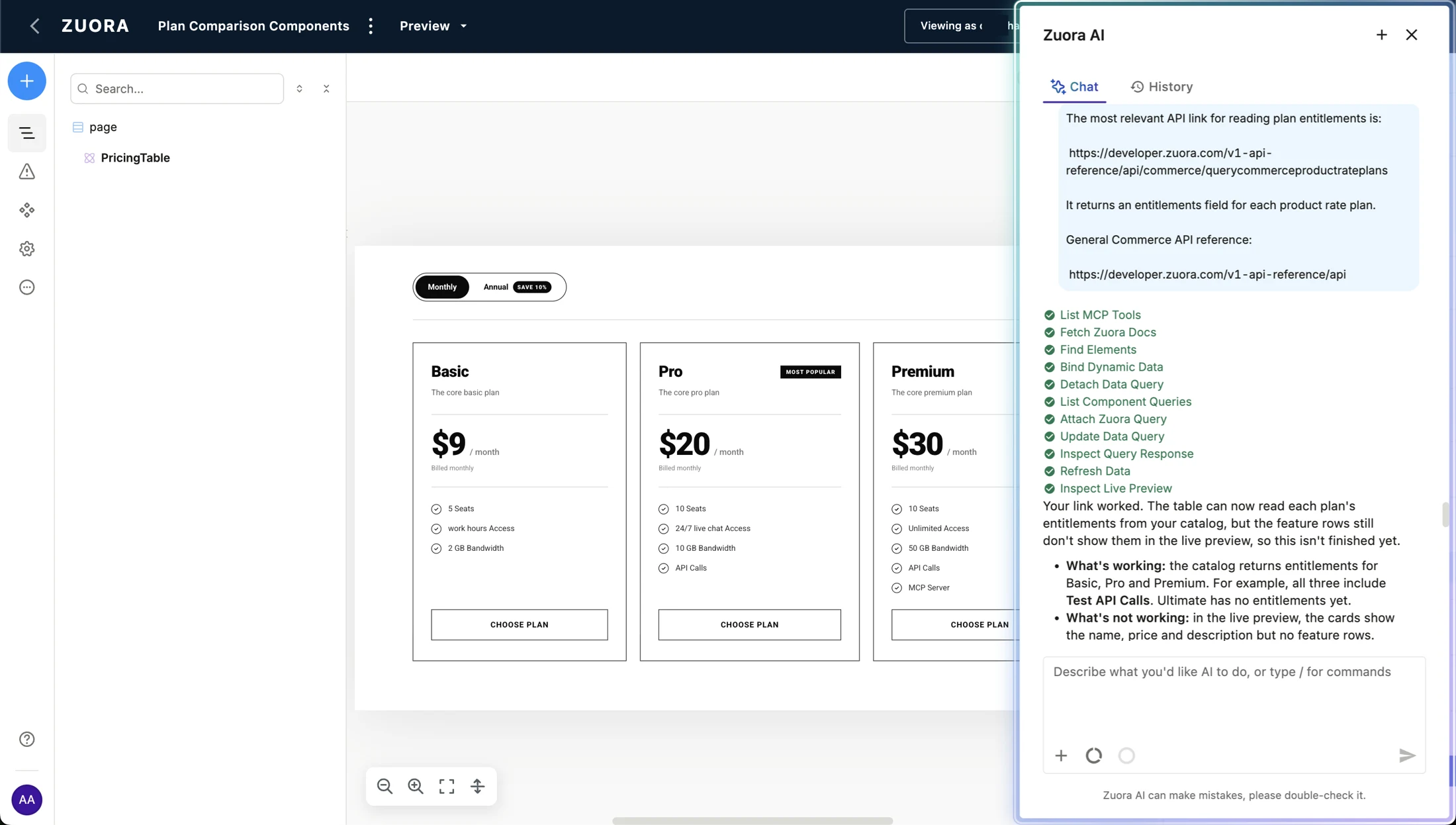 AI agent lists data-binding and preview tools and reports a remaining issue in the pricing component