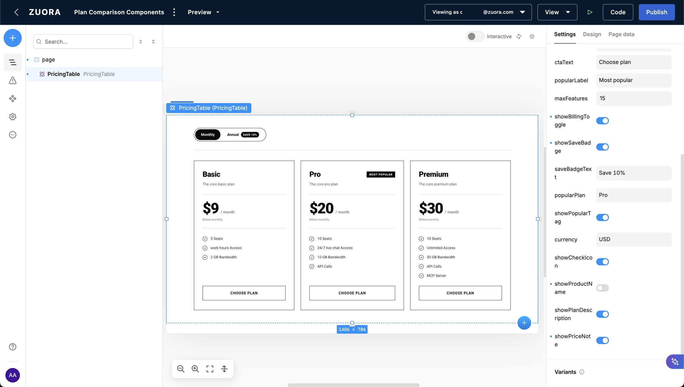 Pricing cards for Basic, Pro and Premium alongside configurable component properties